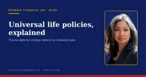 Maria Lind, licensed LLQP life insurance representative at Phoenix Financial 365, smiling in a professional headshot beside the blog post title "Universal life policies, explained."